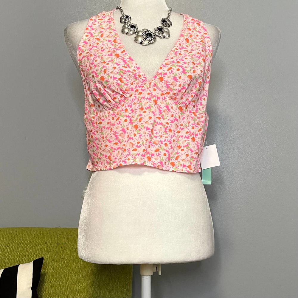 Abound Pink Floral Retro Tie Halter Crop Top NEW Large